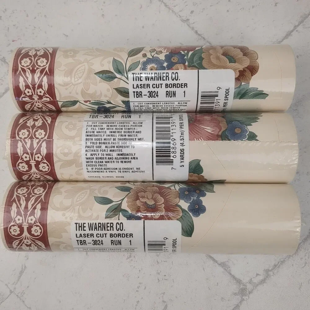 3 Rolls Wallpaper Scalloped Edge Border Burgundy Victorian Floral 5 YD Rolls NEW